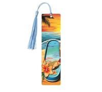 Segnalibro in legno per uomini e donne, infradito e scena tropicale sulla spiaggia segnalibro in legno unico fatto a mano con nappa ciondolo segnalibro per amanti dei libri, regalo di compleanno per