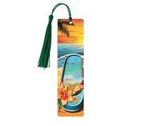 Segnalibro in legno per uomini e donne, infradito e scena tropicale sulla spiaggia segnalibro in legno unico fatto a mano con nappa ciondolo segnalibro per amanti dei libri, regalo di compleanno per