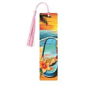 Segnalibro in legno per uomini e donne, infradito e scena tropicale sulla spiaggia segnalibro in legno unico fatto a mano con nappa ciondolo segnalibro per amanti dei libri, regalo di compleanno per