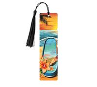 Segnalibro in legno per uomini e donne, infradito e scena tropicale sulla spiaggia segnalibro in legno unico fatto a mano con nappa ciondolo segnalibro per amanti dei libri, regalo di compleanno per