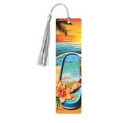 Segnalibro in legno per uomini e donne, infradito e scena tropicale sulla spiaggia segnalibro in legno unico fatto a mano con nappa ciondolo segnalibro per amanti dei libri, regalo di compleanno per