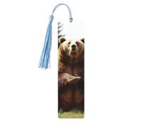Segnalibro in legno per uomini e donne personalizzato intaglio in legno con ciondolo a nappa Hi Bear seduto sul prato segnalibro per gli amanti dei libri regalo di compleanno studenti insegnanti