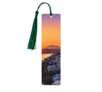 Segnalibro in legno per uomini e donne personalizzato intaglio in legno segno libro con nappa ciondolo Grecia isola tramonto paesaggio segnalibro per gli amanti del libro regalo di compleanno studenti