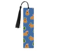 Segnalibro in legno rettangolare con nappa a tema natalizio, raffigurante un capibara e un albero di Natale, ideale per gli amanti dei libri.
