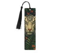 Segnalibro in legno rettangolare con nappa, raffigurante una tigre della giungla e una farfalla monarca, ideale per gli amanti dei libri.