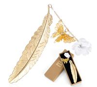 Segnalibro Metallo Piuma con Ciondolo Farfalla e Fiore Secco Eterno - Regalo Elegante per Amiche, Studenti, Lettori - Segnalibri Artistici per Compleanno, Laurea, Natale (bianco)