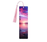 Segnalibro viola con tramonto sull'acqua in legno per uomini e donne che leggono segnalibri in legno unici fatti a mano con nappa ciondolo segnalibro per amanti dei libri, regalo di compleanno per