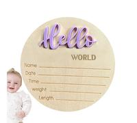 Segno di annuncio di nascita - di legno rotondo, design neutro di genere | Decorazione di arrivo del bambino personalizzabile, souvenir in legno con lettera elegante, battesimo