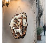 Segno di Gesù e agnello in legno rustico piatto 2D - 30 cm con dettaglio della croce, una decorazione da parete ispiratrice perfetta per la casa, la baita o il portico | Un regalo pasquale ideale, art