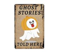 Segno Spettrale Di Halloween Con La Lingua Fuori, Storie Di Fantasmi Raccontate Qui Poster Metal Vintage Cartelli Metallo Divertente Cartello Decorativo Per Bagno Soggiorno Murale