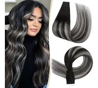 SEGO Extension Adesive Capelli Veri Biadesivo Tape Biadesive Remy Human Hair 25g 50cm - 10 Ciocche/set senza Clip 35 cm #1BT1BPGREY Nero Naturale ombre Grigio