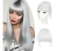 SEGO Frangia Capelli Clip Frangetta Finta Frontale Extension Fascia Unica Corta Bangs Hair Sintetici Posticci Donna 30g Grigio Argento