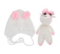 Segrehy Accessori per fotografia per bambino Costume all'uncinetto per neonato Cappello lavorato a maglia da topo con bambola Abito fatto a mano in morbida lana per servizio fotografico (Bianca)