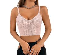 Segreto Canotta da donna con paillette, senza maniche, con spalline sottili, sexy, per festival, feste, club, camisole, Nudo Rosa Paillettes, S