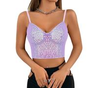 Segreto Canotta da donna con paillette, senza maniche, con spalline sottili, sexy, per festival, feste, club, camisole, Paillettes viola, M