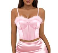 Segreto Corsetto da donna Fuzzy con piume, lucido, in pelliccia sintetica, senza maniche, con spalline sottili, corpetto, Piuma rosa, S