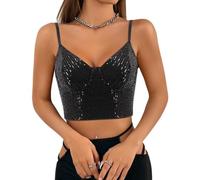 Segreto - Top da donna con paillettes glitterate, senza maniche, con spalline sottili, sexy, crop top, con cinghia, per festival, party, club, camisole, XS