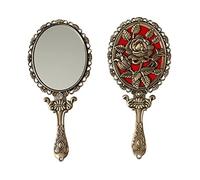 SEHAMANO - Specchio a Mano Vintage con Rosa in Rilievo sul Retro, Portatile, in Metallo, Compatto Brass (Matt Gold)