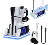 Sehawei Supporto per PS5/Pro/Slim con Ventola di Raffreddamento, Ricarica Controller PS5, Dock di ricarica PS Portal,PS5 Supporto Verticale con Indicatori LED e Headset holders per PS5/Pro/PS5 Slim