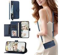 SEHEYA Cover Libro per ZTE Blade A75 5G Custodia Cordino Tracolla Regolabile in Pelle PU con Cerniera e Slot Schede Chiusura Magnetica Case Portafoglio Donna, Blu Navy