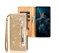 SEHEYA Cover per Xiaomi Mi A3 / Xiaomi Mi CC9E Custodia a Libro Glitter Caso Pieghevoli in Pelle PU Tasca Cerniera Case Brillante Cinturino da Polso Porta Carte Portafoglio Cover, Oro