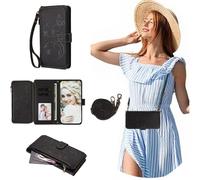 SEHEYA Custodia a Libro per Motorola Moto E13 2023 4G Case Embossed Flip Portafoglio Cover Cordino Tracolla Regolabile in Pelle PU con Cerniera Slot Schede Caso, Nero