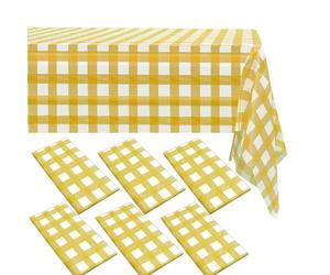 Sei nastri gialli, matrimoni-matrimoni-uno-plastica, 137 x 270 cm tovaglia con strisce gialle per il design della stanza da bastoncini per stanza, banchetto segreto, feste e celebrazioni all'aperto