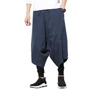 Seidarise - Pantaloni da uomo Harem Hip Hop, a gamba larga, stile casual, in lino, stile giapponese - Blu - M