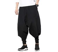Seidarise - Pantaloni da uomo Harem Hip Hop, a gamba larga, stile casual, in lino, stile giapponese - Nero - S