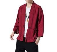 Seidarise Uomo Kimono Tradizionale Giapponese Abbigliamento Maschio Cardigan Noragi Giacca Yukata Cappotto Haori - Rosso - XL