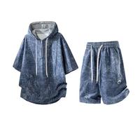 Seiizaa Set Felpa con Cappuccio Maniche Corte e Shorts Estate Uomo, Completo 2 Pezzi Casual Giovani-Dark Blue01-S