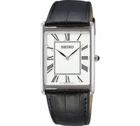 Seiko SWR049P1 Men's Quartz Watch - Silver Rectangular Case, Black Leather Strap
