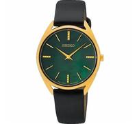 Seiko SWR080P1 Women's Quartz Watch, Green Mother of Pearl Dial, Gold-Tone Case, Black Leather Strap