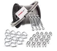 Seilwerk STANKE Corda in acciaio zincato con guaina in PVC da 50m fune in acciaio 3mm 6x7, 4x gancio per occhiello M5 tenditore, 16x ditale, 16x morsetto per corda - SET 6