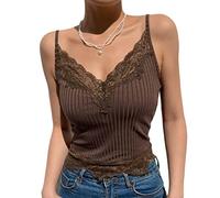 seiveini Canotta Pizzo Donne Y2K Sexy Spaghetti Strap Gotico Crop Top Senza Maniche Canotte Donna Estive Slim Fit Canotta Sexy 90s E-Girl Tank Top Streetwear Ragazza Clubwear C Marrone L