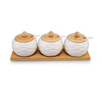 SEIWEI Set di contenitori per spezie in ceramica, con cucchiai e coperchi in bambù, contenitore per condimenti per tè, caffè, sale, pepe, salsa