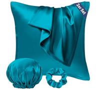 Seiwohl Set di 2 Federe Raso 40x40cm & un elastico e una cuffia, Federa per cuscino in seta, Design con apertura a lampo, Morbido come una Federe Seta Cuscino, Turchese Federe Cuscini 40x40