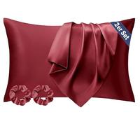Seiwohl Set di 2 Federe Raso 40x80cm & 2 Scrunchies, Federa per cuscino in seta, Design con Chiusura A Busta, Morbido come una Federe Seta Cuscino, Rosso vinaccia Federe Cuscini 40x80