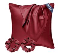 Seiwohl Set di 2 Federe Raso 80x80cm & 2 Scrunchies, Federa per cuscino in seta, Design con apertura a lampo, Morbido come una Federe Seta Cuscino, Rosso vinaccia Federe Cuscini 80x80
