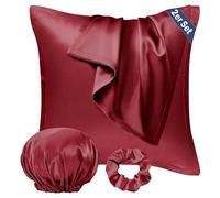 Seiwohl Set di 2 Federe Raso 80x80cm & un elastico e una cuffia, Federa per cuscino in seta, Design con apertura a lampo, Morbido come una Federe Seta Cuscino, Rosso vinaccia Federe Cuscini 80x80