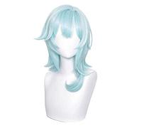 SEIZIS 2022 Cos Wig EULA Cosplay Perücke für Genshin Impact Kostüm, 45,7 cm Lang, Hellblau, gewelltes Haar mit Pony, Weiße Highlights für Frauen