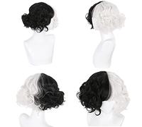 SEIZIS 2022 Cos Wig Parrucche Cosplay for Cruella de Mon, Capelli Corti Bianchi e Neri for Costume da Donna, Parrucche Ondulate Resistenti al Calore for la Festa di Carnevale di Natale di Halloween