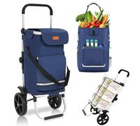 Sekey Carrello della Spesa Pieghevole Premium Blu con Cinghia di Fissaggio, Carrello Isotermico 3 in 1 con Borsa a Tracolla e Portabottiglie, Trolley e Carrello Pieghevole Ideale per Campeggio e Spesa