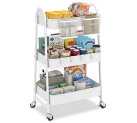 Sekey Carrello Portaoggetti, Carrello Cucina con 3 Piani, Metallo, con Cestini Sospesi + Ganci, Ruote 360° con Freno, Antiruggine, Maniglia, per Cucina, Bagno, Ufficio, Sala, Camera da Letto, Bianco