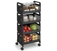 Sekey Carrello Portaoggetti, Carrello Cucina con 4 Piani, in Metallo, Ruote 360° con Freno, Laccato Lucido, Antiruggine, Maniglia, per Cucina, Bagno, Sala, Ufficio, Camera da Letto, Nero
