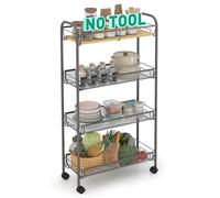 Sekey Carrello Portaoggetti, Carrello Cucina con 4 Piani, Pannello MDF Superiore, in Metallo, Ruote 360°, Maniglia, per Piccoli Spazi, Cucina, Bagno, Sala, Ufficio, Grigio Scuro