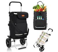 Sekey Chariot de Courses Pliable avec Sangle de Fixation, Caddie Isotherme 3 en 1 avec Sac à Bandoulière et Porte-Bouteille, Trolley et Diable Pliable Idéal pour les Courses et le Camping - Noir