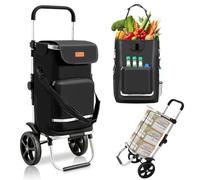 Sekey Chariot de Courses Pliable avec Sangle de Fixation, Caddie Isotherme 3 en 1 avec Sac à Bandoulière et Porte-Bouteille, Trolley et Diable Pliable Idéal pour les Courses et le Camping - Noir