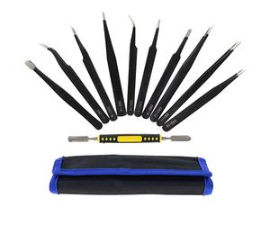 SeKi ESD - Set di 10 pinzette con custodia, pinzette per riparazione, lavoro di laboratorio, modellismo, antistatiche; pinzette di precisione antiruggine, anti-magnetiche, dissipanti elettricamente