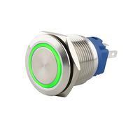 SeKi Interruttore a pressione in acciaio inox, Ø 16 mm, forma piatta a testa piatta, anello LED illuminato in verde, con occhielli di saldatura/connettore piatto 0,5 x 2,8 mm
